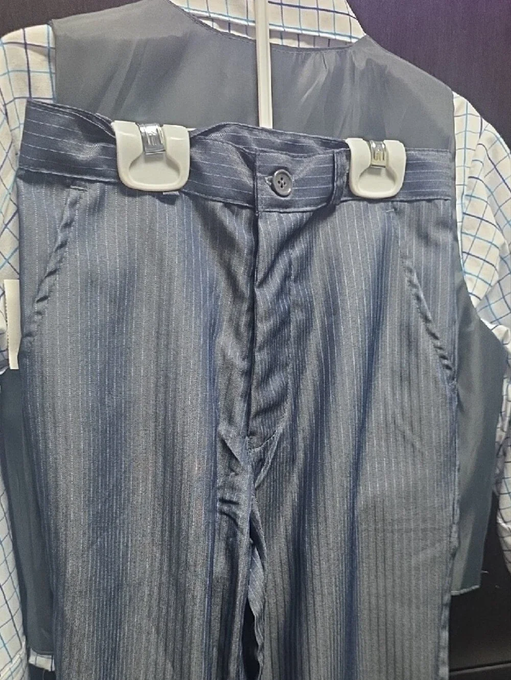 Andrew Fezza Boys' Gray Pinstriped Vest & Pants Set with Pink Pocket Square